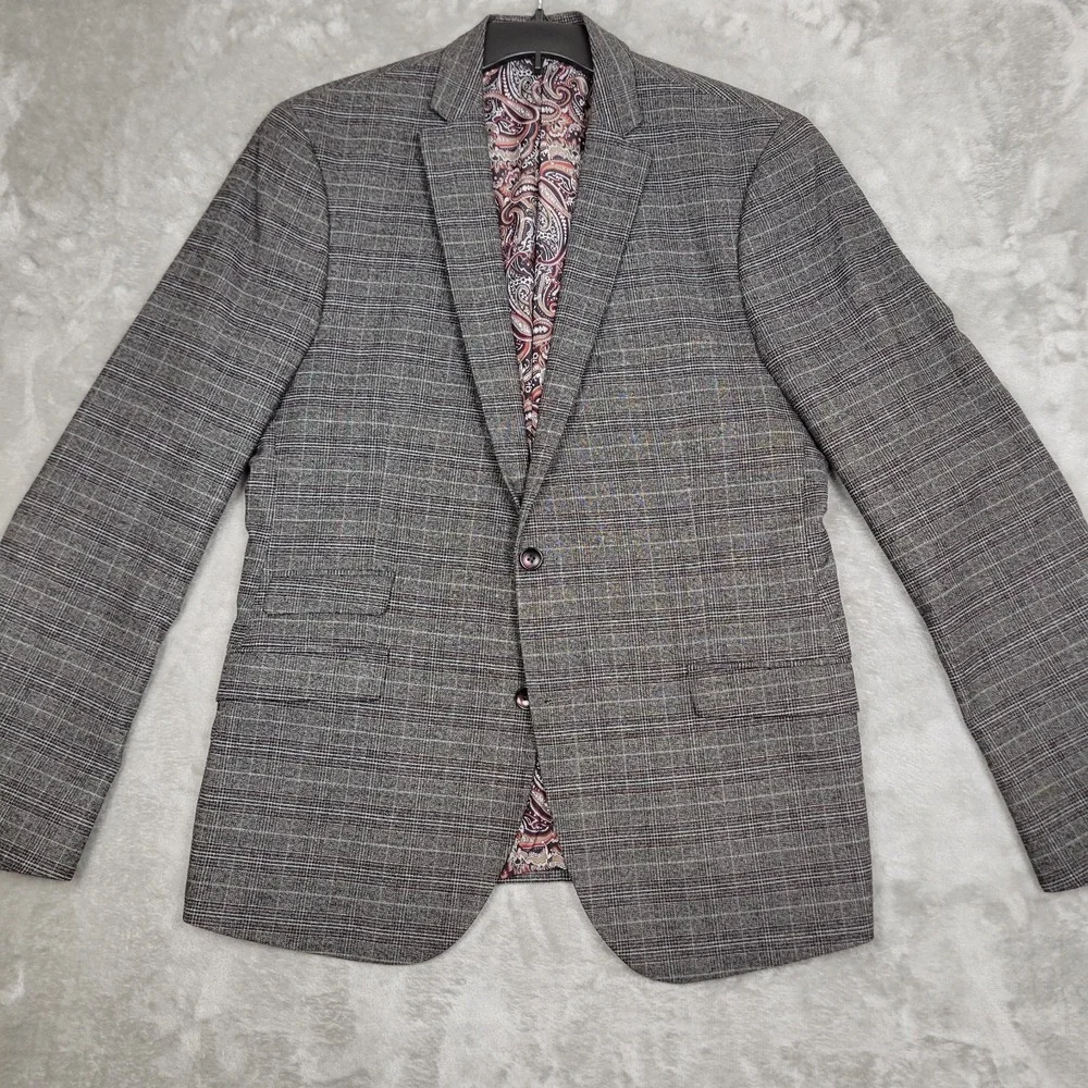 Paisley & Gray Slim Fit Men's 44R Gray Red Blue Plaid Blazer Paisley Liner